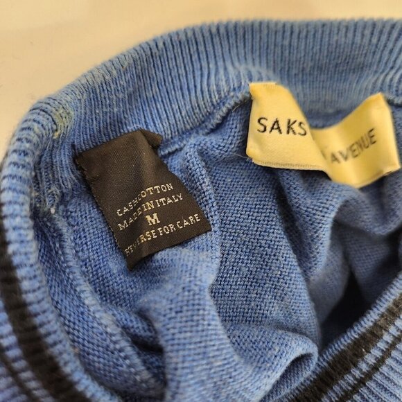 Saks Fifth Avenue Mens Pullover Sweater Size M Blue w/ Black Trim Cotton Blend - Picture 6 of 10